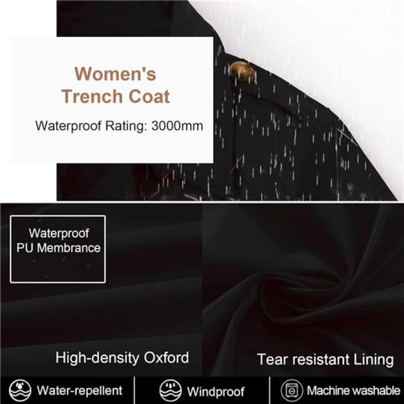 Women's Trench Coat Double-Breasted Classic Lapel Overcoat Belted - Picture 4 of 7